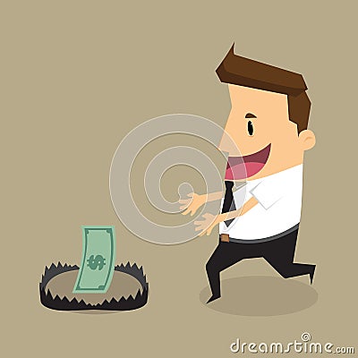 Business man look at money on trap. Vector Illustration