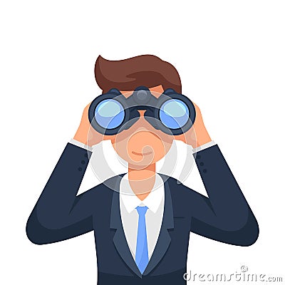 Business man looking through binoculars searching for a job. Flat style Vector Illustration