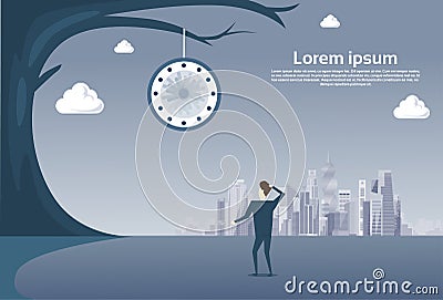 Business Man Looking At Clock Hanging On Tree Over Modern City View Time Management Deadline Concept Vector Illustration