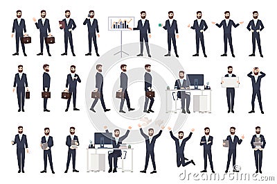 Business man, male office worker or clerk with beard dressed in smart suit in different postures, moods, situations Vector Illustration