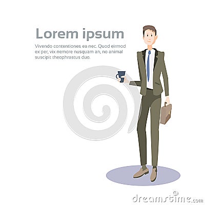 Business Man Manager Hold Cup Suitcase, Businessman Coffee Break Banner With Copy Space Vector Illustration