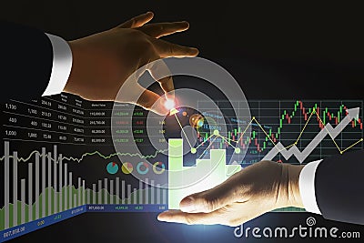 Business man manipulate stock index data arrow up growth indicators with candlesticks graph and chart symbol for investment Stock Photo