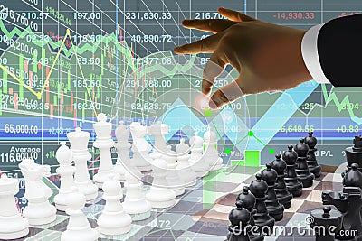 Business man manipulate stock index growth data arrow up like playng chess with candlesticks graph and chart symbol for investment Stock Photo