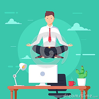 Business man meditating in lotus pose over table in office room. Boss doing yoga and get calm at workplace. Cartoon Illustration