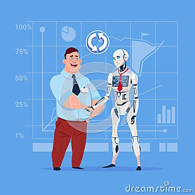 Business Man And Modern Robot Shaking Hands Artificial Intelligence Cooperation Concept Vector Illustration