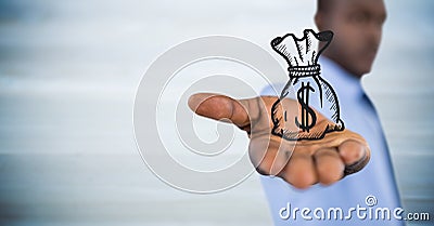 Business man with money bag graphic in outstretched hand against blurry blue wood panel Stock Photo