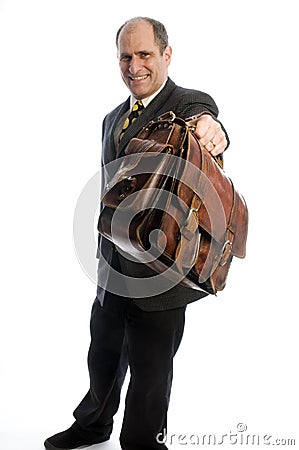 Business man offering expensive leather hand bag Stock Photo