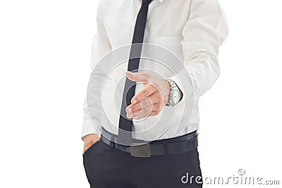 A business man with an open hand ready to seal a deal isolated on white Stock Photo