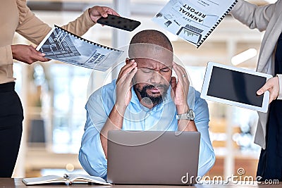 Business man, overwhelmed and stress with busy hands, documents or tablet in modern office with chaos. African corporate Stock Photo