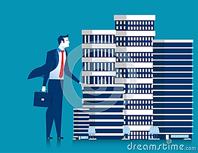 Business man owner of skyscraper buildings property standing. Vector Illustration
