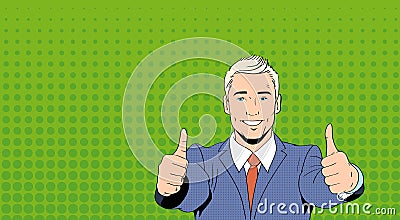 Business Man Point Thumb Finger Up Art Colorful Retro Style Vector Illustration