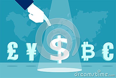 Business man pointing at dollar among euro, bitcoin dollar yen and pound sterling sign Stock Photo