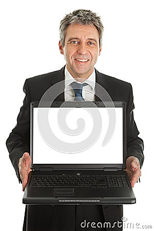 Business man presenting laptopn Stock Photo