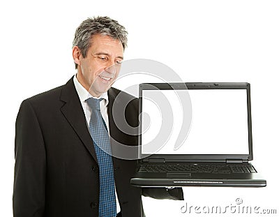 Business man presenting laptopn Stock Photo
