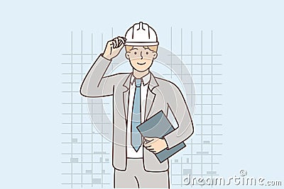 Business man in protective helmet working as manager in construction or architectural company Vector Illustration