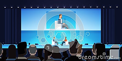 Business Man On Public Interview Conference Meeting In Front of Big Audience Vector Illustration