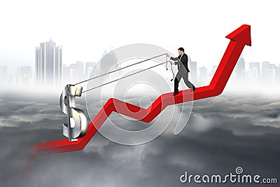 Business man pulling 3D dollar sign upward red trend line Stock Photo