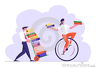 Business Man Pushing Trolley with Huge Heap of Documentation Following Woman Riding Monowheel with Folders Files in Vector Illustration