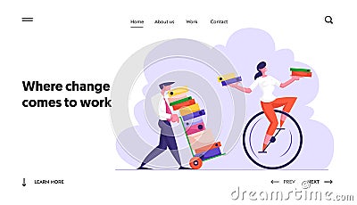 Business Man Pushing Trolley with Huge Heap of Documentation Following Woman Riding Monowheel Vector Illustration