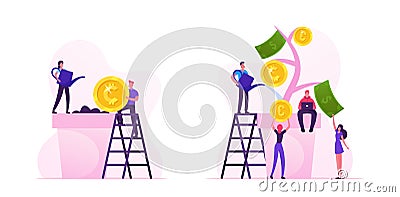 Business Man Put Coin in Soil, Woman Watering Plant in Pot. Characters Collecting Golden Coins from Money Tree Vector Illustration