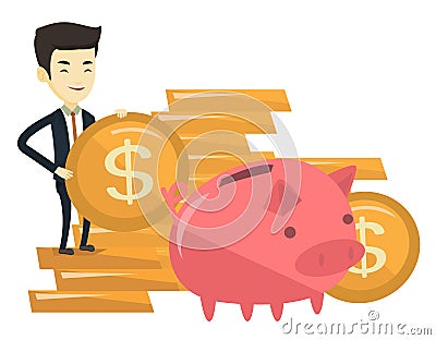 Business man putting coin in piggy bank. Vector Illustration