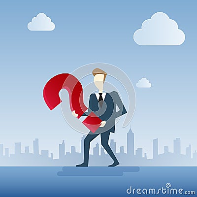 Business Man With Question Mark Pondering Problem Concept Vector Illustration