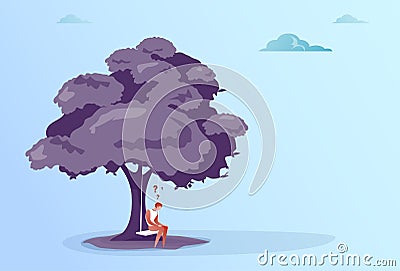 Business Man With Question Mark Sit Pondering Under Tree Problem Concept Vector Illustration