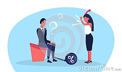 Business man question marks chain bound leg credit debt finance crisis concept woman boss angry shouting conflict flat Vector Illustration