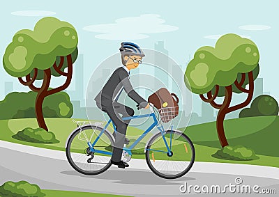 Business man riding bike in helmet Vector Illustration