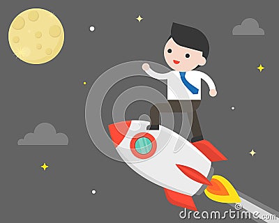 Business man riding rocket flying to the moon, mission to the mo Vector Illustration