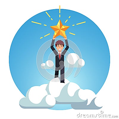 Business man rise above sky clouds and catch star Vector Illustration