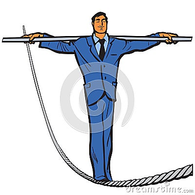 Business man rope walker. Stability and courage business concept. Vector illustration. Vector Illustration