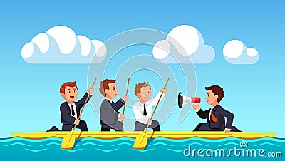 Business man rowing under the guidance of leader Vector Illustration