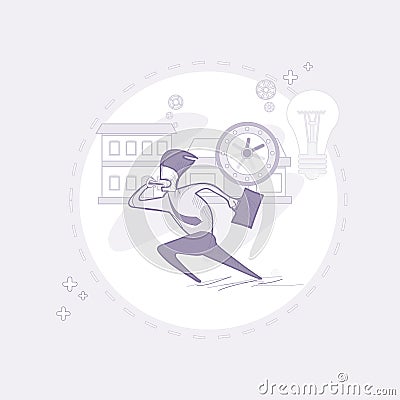 Business Man Run Busy Businessman Time Deadline Thin Line Vector Illustration