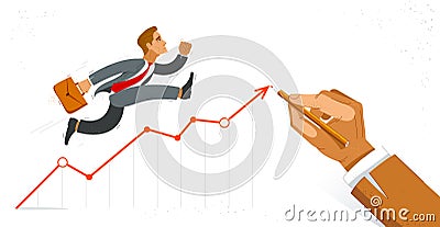 Business man run and hurry on growth chart graph vector illustration, funny comic cute cartoon accountant or businessman worker or Vector Illustration
