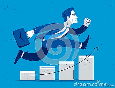 Business man run and hurry on growth chart graph vector illustration, funny comic cute cartoon accountant or businessman worker or Vector Illustration
