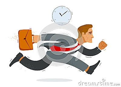 Business man run and hurry late vector illustration, funny comic cute cartoon accountant or businessman worker or employee in a Vector Illustration