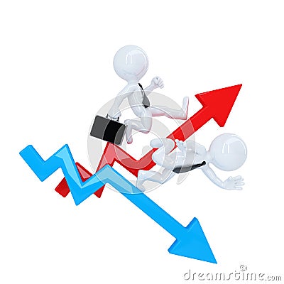 Business man run over graph arrow. Rise and fall concept. Isolated. Contains clipping path Stock Photo