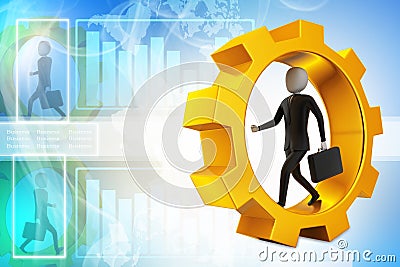 Business man running in gear wheels Stock Photo