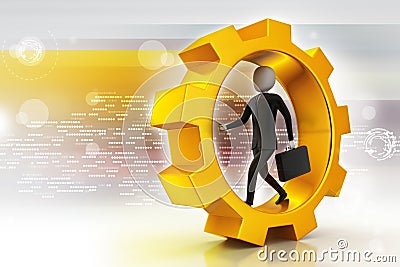 Business man running in gear wheels Stock Photo