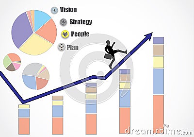 Business man running up an growth arrow heading for more growth, revenue, profits, turnover because of strategy, people, plan and Cartoon Illustration