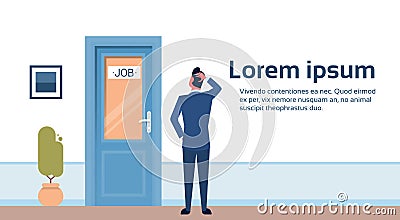 Business Man Searching for Job Interview Candidate Office Room Door Corridor Hallway Vector Illustration