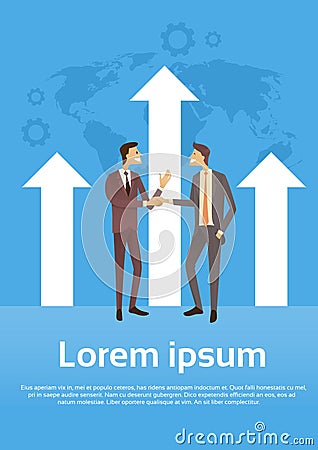 Business Man Shake Hands Over Graph Arrow Up World Map Background Success Agreement Concept Vector Illustration