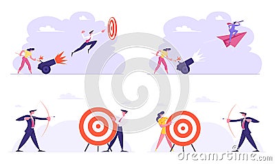 Business Man Shoot with Bow Aiming Arrow to Target. Businesswoman Setting on Fire Cannon Vector Illustration