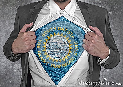 Business man show t-shirt flag of USA state Soth Dakota rips open his shirt Stock Photo