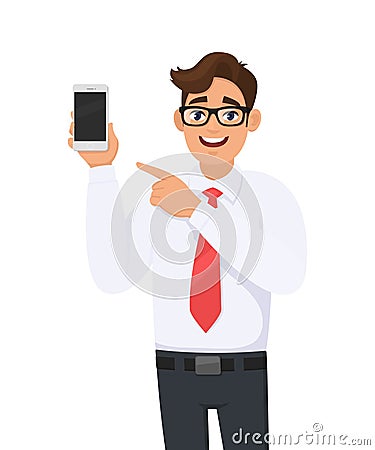 Business man showing a new brand, latest smartphone screen and pointing finger. Young man holding cell, mobile phone in hand. Vector Illustration