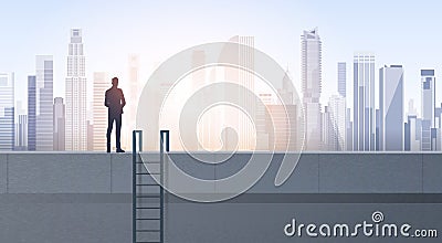 Business Man Silhouette On Office Building Roof Over Modern City Landscape Vector Illustration