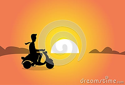 Business Man Silhouette Ride Electrical Scooter over Sunset Vector Illustration