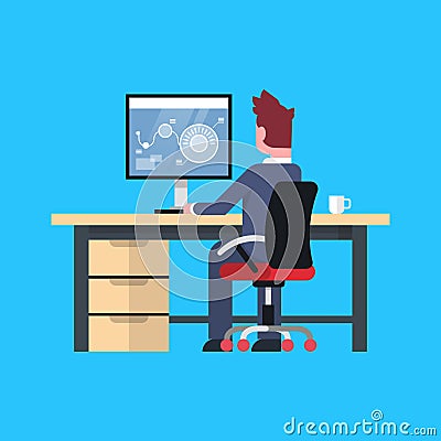 Business Man Sit At Office Desk Working At Computer Male Businessman Back Rear View Vector Illustration