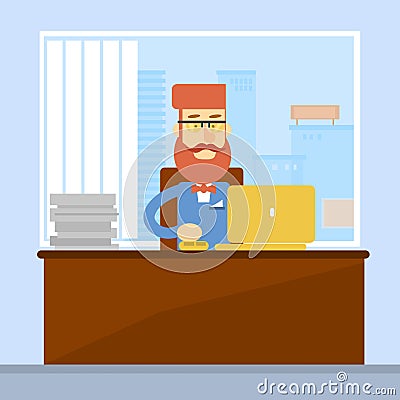 Business Man Sitting Desk Office Working Place Laptop Vector Illustration